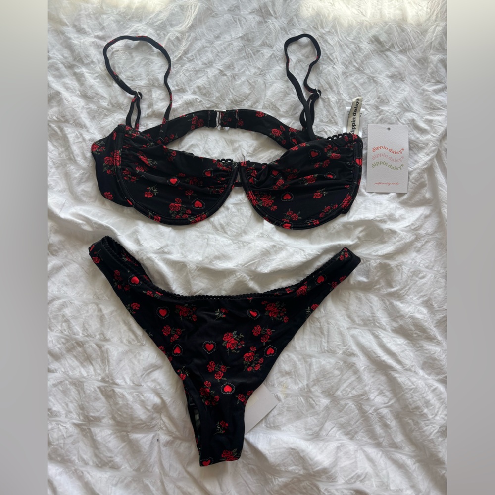Dippin' Daisy's Black Bikini with Red Rose & Heart Print
